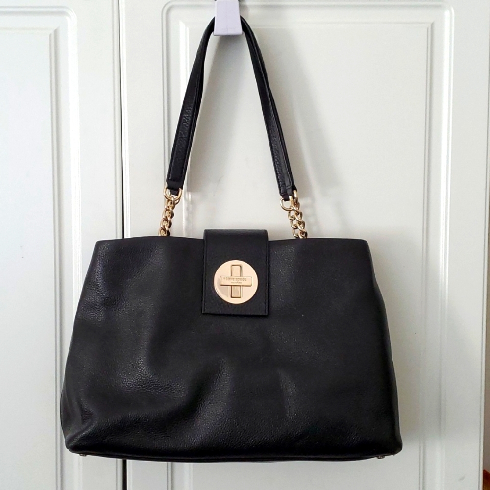 Kate Spade Pebbled Black Satchel Leather Shoulder Handbag Elena Town Road Gold